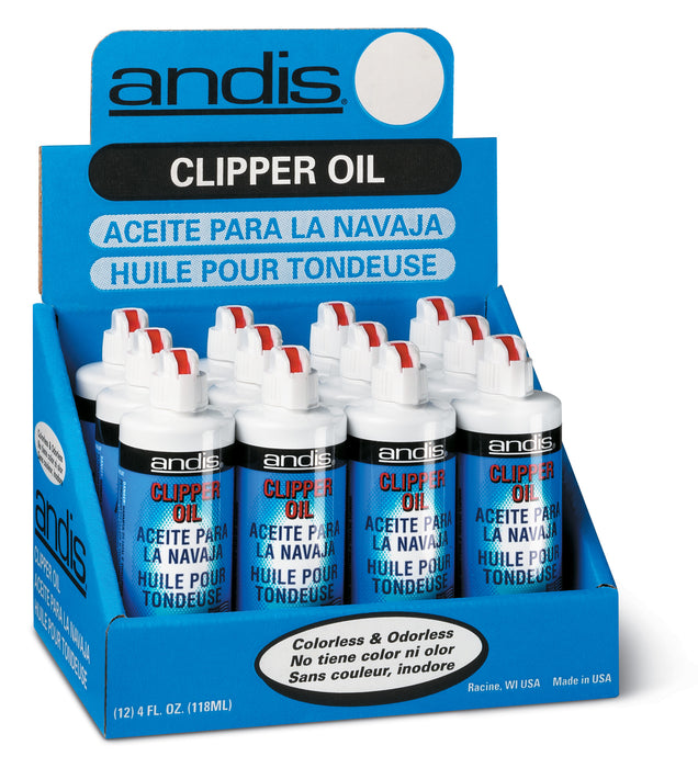 Andis Case With Display containing 12 4oz bottles Clipper Oil Model #AN-12501, UPC: 040102121081