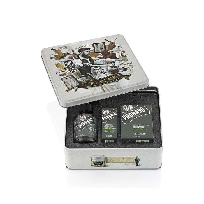 Proraso Cypress & Vetyver Beard Care Full Set In Tin Box - Wash, Balm, Oil Model #RA-400692, UPC: 8004395006922