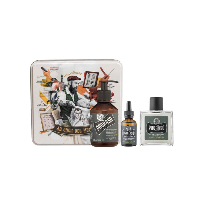Proraso Cypress & Vetyver Beard Care Full Set In Tin Box - Wash, Balm, Oil Model #RA-400692, UPC: 8004395006922