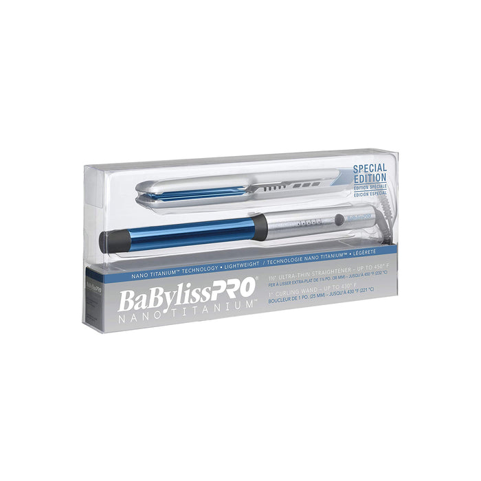 BABYLISS PRO Nano Titanium Special Edition SET. Ultra Thin 1.5" Straightener and 1" Curling Wand Silver/Blue Model #BB-BNTPP34UC, UPC: 074108417893