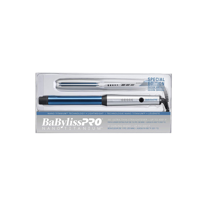 BABYLISS PRO Nano Titanium Special Edition SET. Ultra Thin 1.5" Straightener and 1" Curling Wand Silver/Blue Model #BB-BNTPP34UC, UPC: 074108417893