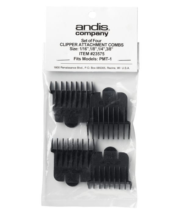ANDIS Snap-on Blade Attachment Combs, 4-Combs, Sizes 1/16", 1/8", 1/4", 3/8", fits T-Blade only Model #AN-23575, UPC: 040102235757