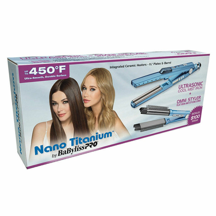 BABYLISS PRO Nano Titanium 1 1/4 Ultrasonic Cool Mist Flat Iron and Styling Comb Model #BB-BABNTPP17, UPC: 074108320896