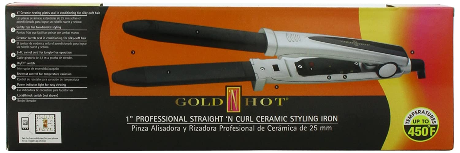 Gold 'N Hot Professional Ceramic Straight 'N Curl Styling Iron, 1 Inch Model #GO-GH2170, UPC: 810667010577