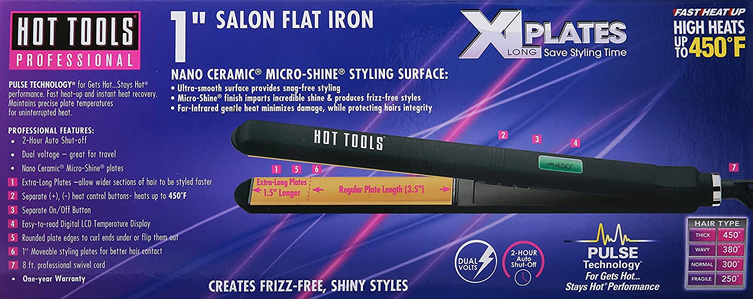 Hot Tools Nano Ceramic Digital Flat Iron with Extra-long Plates, 1 Inch Model #HO-HT7112F, UPC: 078729271124