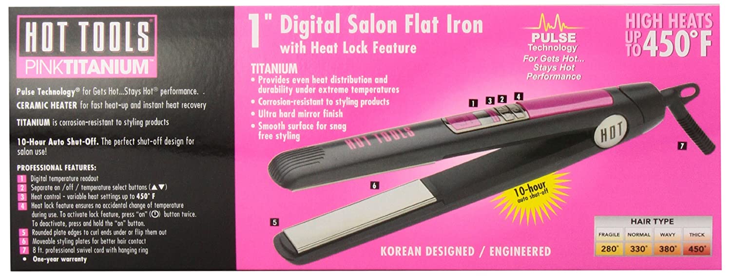 HOT TOOLS 1" Titanium Digital Flat Iron, Pink Model #HO-HPK11, UPC: 078729027776