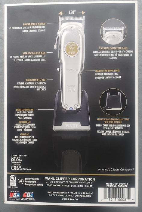 Wahl Professional Cordless SENIOR Clipper METAL Edition with Staggered Tooth Blade, DUAL Voltage 100-220 Volts Model #WA-3000112, UPC: 043917000879
