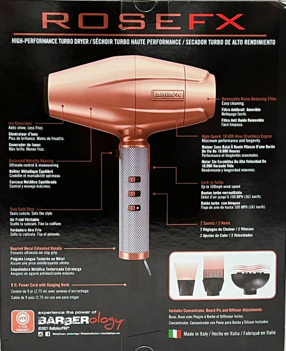 BaByliss PRO RoseFX Turbo Hair Dryer Model #BB-FXBDRG1, UPC: 074108448866