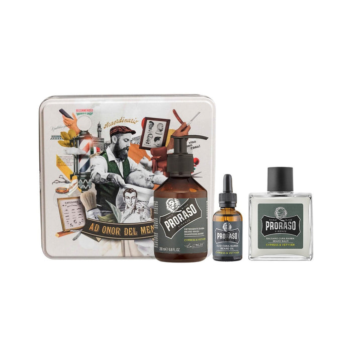 Proraso Cypress & Vetyver Beard Care Full Set In Tin Box - Wash, Balm, Oil Model #RA-400692, UPC: 8004395006922