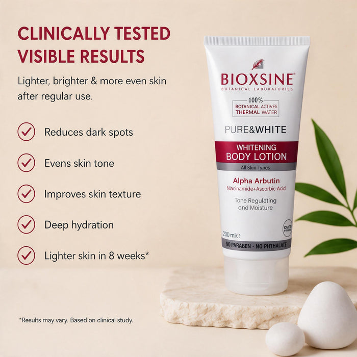 Bioxsine Pure & White Whitening Body Lotion 200mL | Brightening & Moisturizing Body Lotion for Dark Spots & Uneven Skin Tone