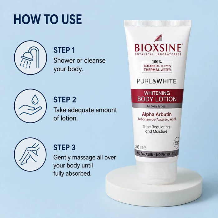Bioxsine Pure & White Whitening Body Lotion 200mL | Brightening & Moisturizing Body Lotion for Dark Spots & Uneven Skin Tone