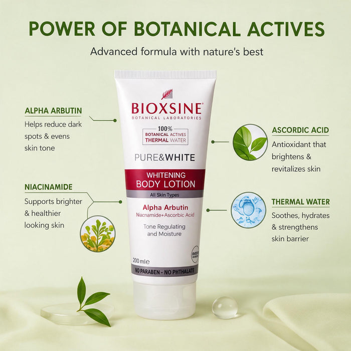 Bioxsine Pure & White Whitening Body Lotion 200mL | Brightening & Moisturizing Body Lotion for Dark Spots & Uneven Skin Tone