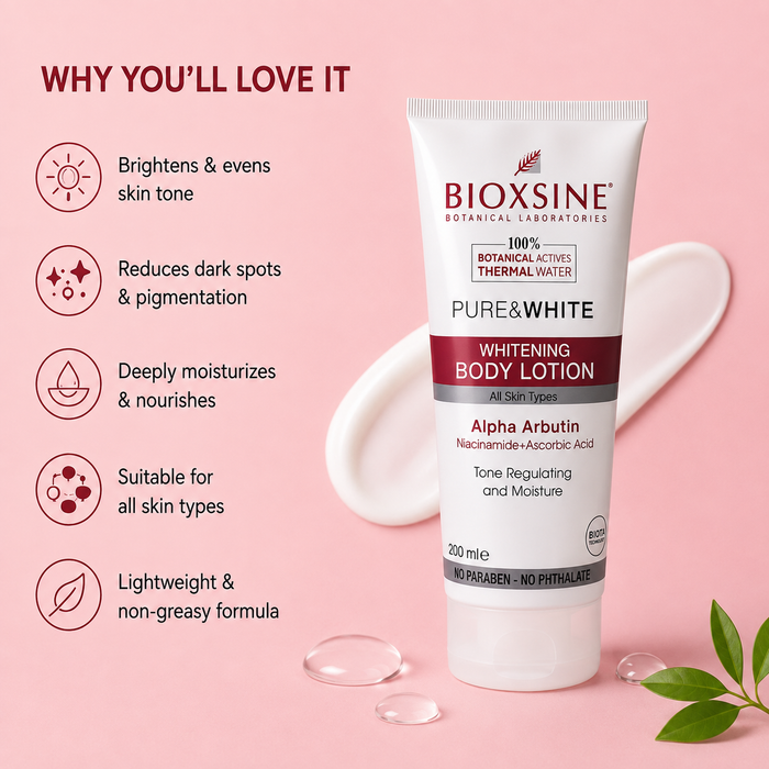 Bioxsine Pure & White Whitening Body Lotion 200mL | Brightening & Moisturizing Body Lotion for Dark Spots & Uneven Skin Tone