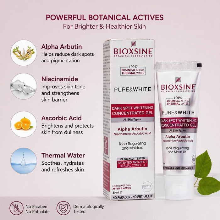 Bioxsine Pure & White Dark Spot Concentrated Gel 30mL | Brightening Face Gel with Alpha Arbutin & Niacinamide