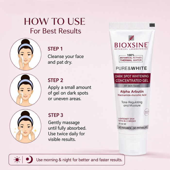 Bioxsine Pure & White Dark Spot Concentrated Gel 30mL | Brightening Face Gel with Alpha Arbutin & Niacinamide