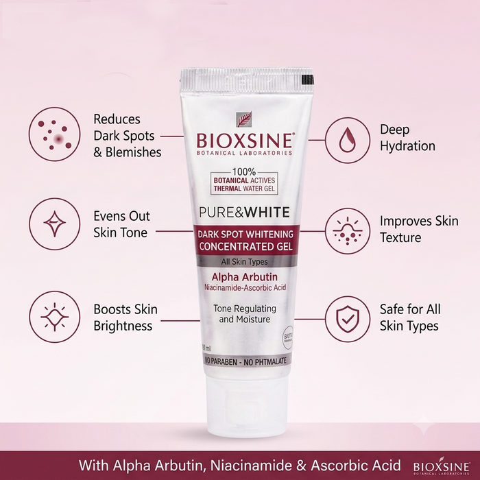 Bioxsine Pure & White Dark Spot Concentrated Gel 30mL | Brightening Face Gel with Alpha Arbutin & Niacinamide