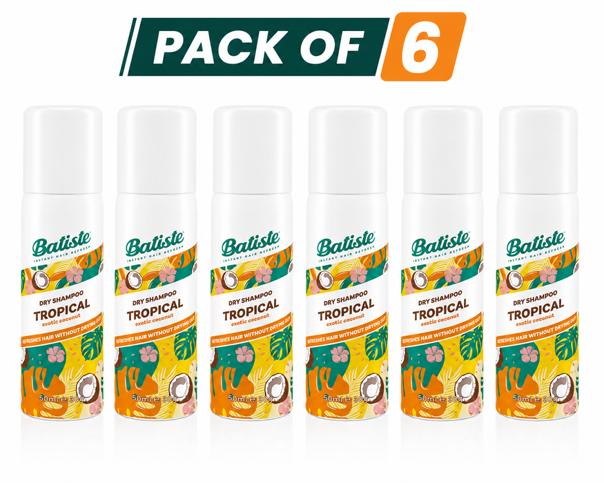 BATISTE Dry Shampoo - Tropical Fragrance - Mini - 1.6 fl. oz. - Pack of 6, Model #BT-87084, UPC: 5010724527535