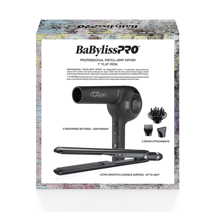 BaByliss PRO Classic Dryer (Black) & Porcelain Ceramic 1" Flat Iron Prepack Model #BB-BPPP4UC, UPC: 074108448163