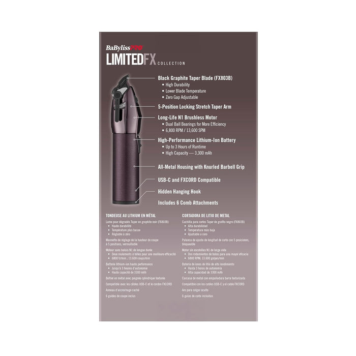 BabylissPRO LimitedFX Purple All-Metal Clipper Model #BB-FX870NP, UPC: 074108487988