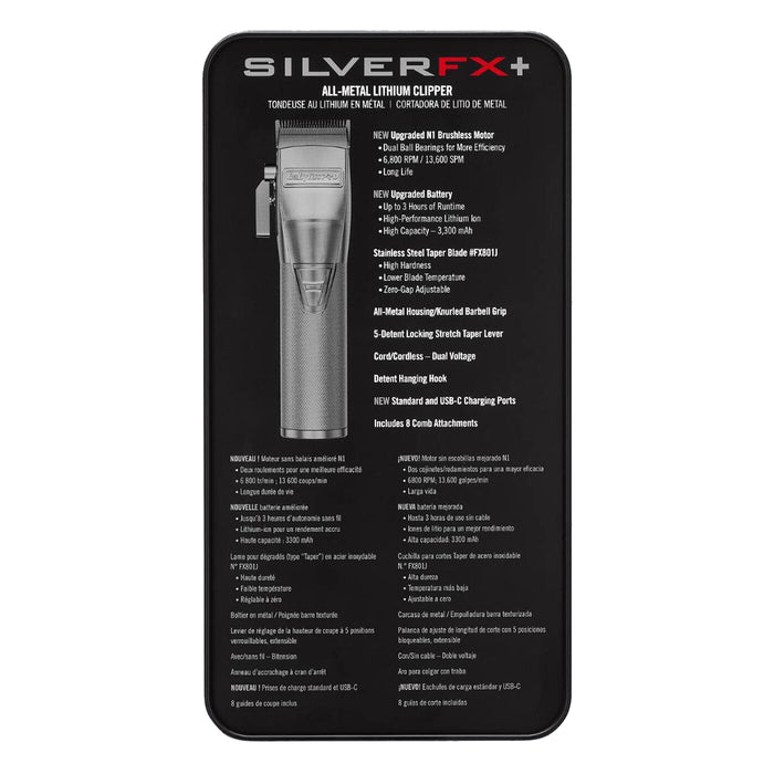 BaBylissPRO SilverFX+ All-Metal Lithium Clipper Model #BB-FX870NS, UPC: 074108475008