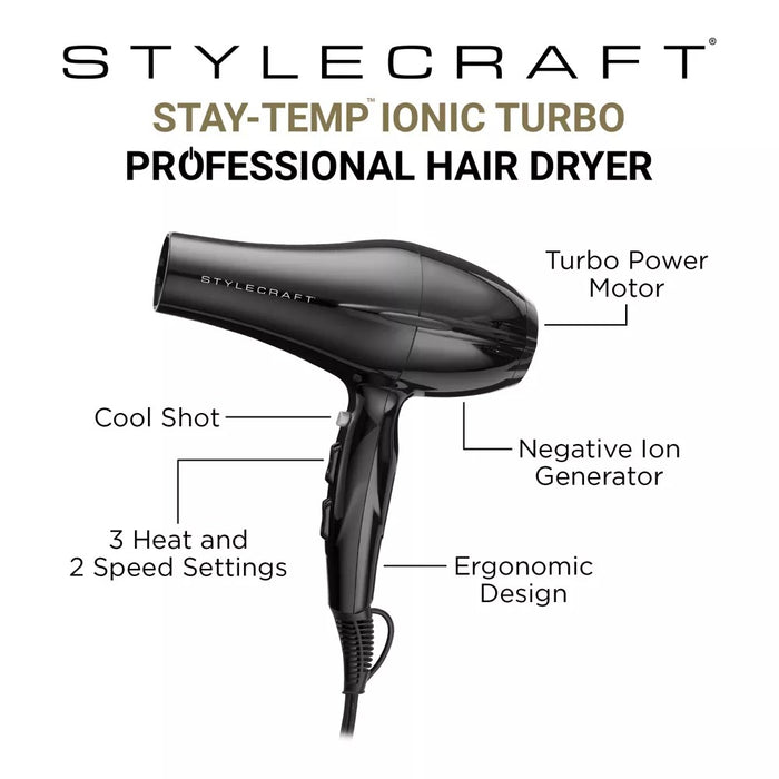 Stylecraft STAY-TEMP Ionic Turbo Hair Dryer Model #ZZ-SC108B, UPC: 810069133799