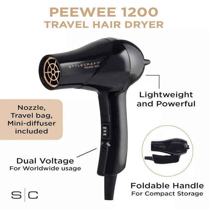 Stylecraft Peewee 1200 Folding Handle Dual Voltage Compact Travel Hair Dryer Model #SCPW1200, UPC: 852394008038