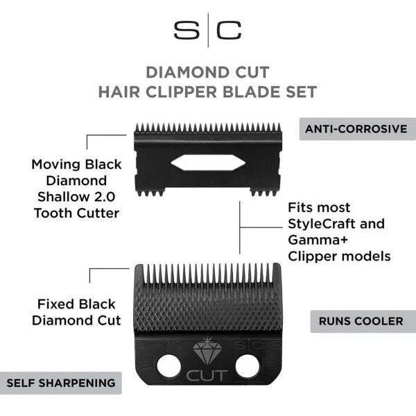 StyleCraft Diamond Cut Fixed Fade Clipper Blade w/ Shallow Tooth 2.0 Set Model #ZZ-SC540B UPC: 810069132471