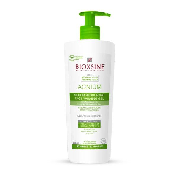 Bioxsine Acnium Sebum Regulating Face Wash Gel 50mL for oily, combination and acne-prone skin with Niacinamide and Tea Tree Oil