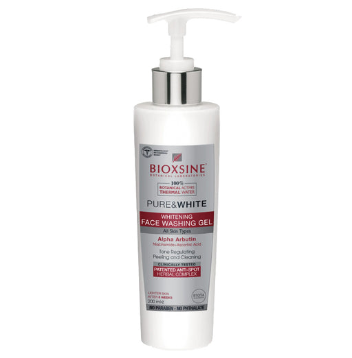 Bioxsine Pure & White Brightening Face Wash Gel 200mL with Alpha Arbutin and Niacinamide for daily facial cleansing and brighter-looking skin