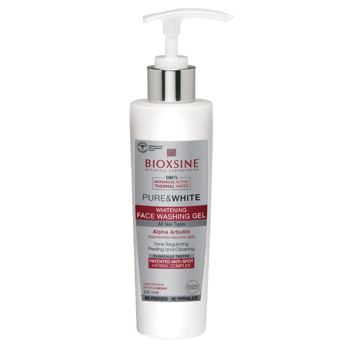 Bioxsine Pure & White Brightening Face Wash Gel 200mL with Alpha Arbutin and Niacinamide for daily facial cleansing and brighter-looking skin