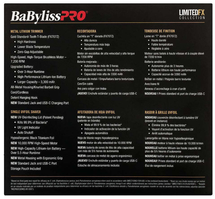 BaBylissPRO Limitedfx Collection Limited Edition Goldfx Trimmer & Uvfoil Single-Foil Shaver Combo Model #FXLFHOLPKG, UPC: 074108478139