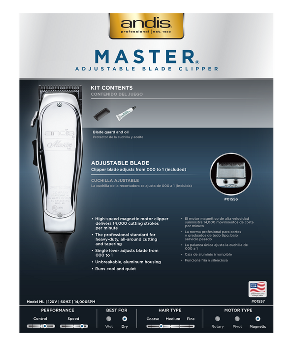 ANDIS Master Clipper (Metal Finish) Model #AN-01557, UPC: 040102015571