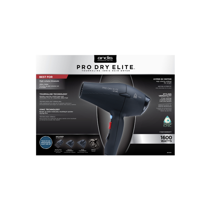 ANDIS Pro Dry Elite Tourmaline Ionic Hair Dryer - 1600 Watts Model #AN-81000, UPC: 040102810008