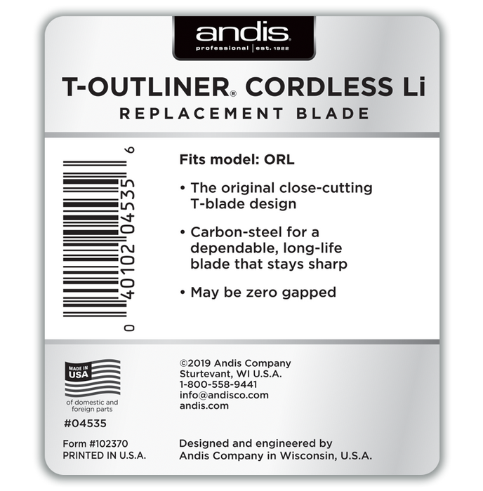 ANDIS Cordless T-Outliner Replacement T-Blade - Carbon Steel Model #AN-04535, UPC: 040102045356