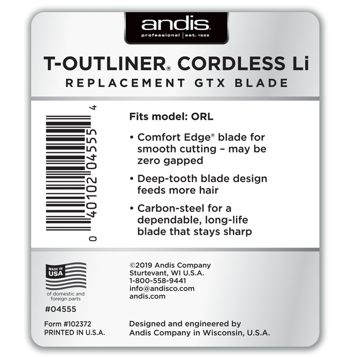 ANDIS Cordless T-Outliner Li Replacement Deep Tooth GTX Blade Model #AN-04555, UPC: 040102045554