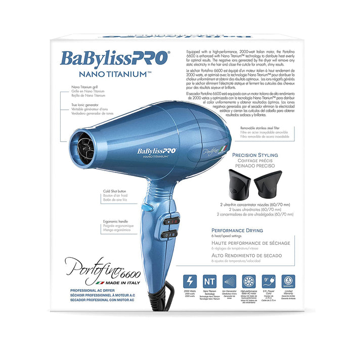 BABYLISS PRO Nano Titanium Portofino Full-Size Dryer (BLUE) Model #BB-BNTB6610N, UPC: 074108346650