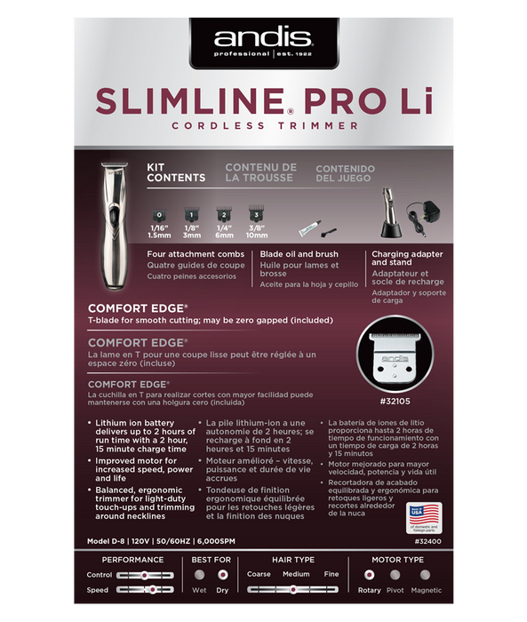 ANDIS D8 Slimline Pro Li T-Blade Trimmer 110-220 Volts Model #AN-32400, UPC: 040102324000