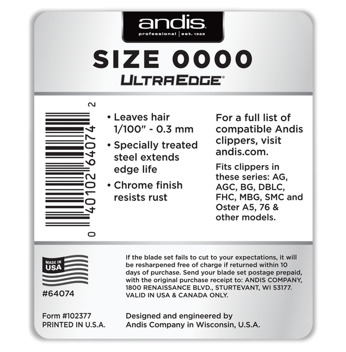 ANDIS Size 0000 - Graduation Blade Very Close Cutting - 1/100" - .25 mm Model #AN-64074, UPC: 040102640742