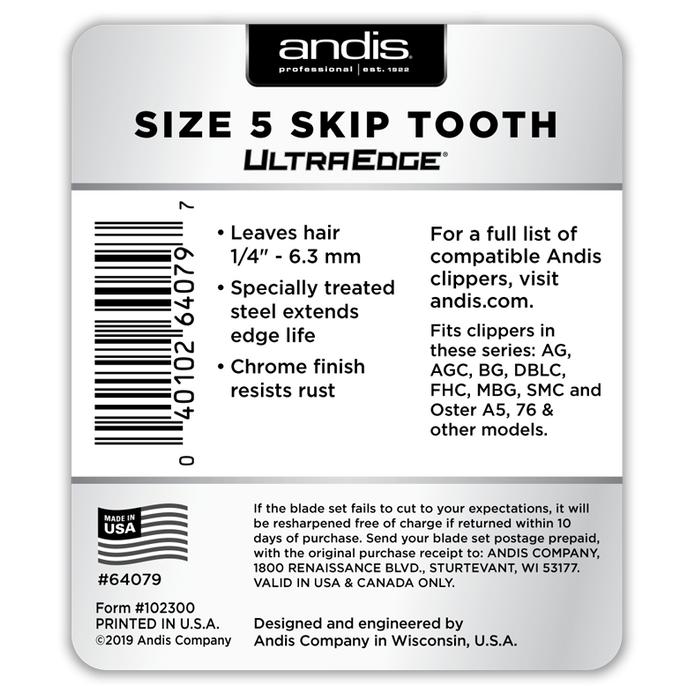 ANDIS Size 5 Skip Tooth - Leaves Hair - 1/4" - 6.3 mm Model #AN-64079, UPC: 040102640797