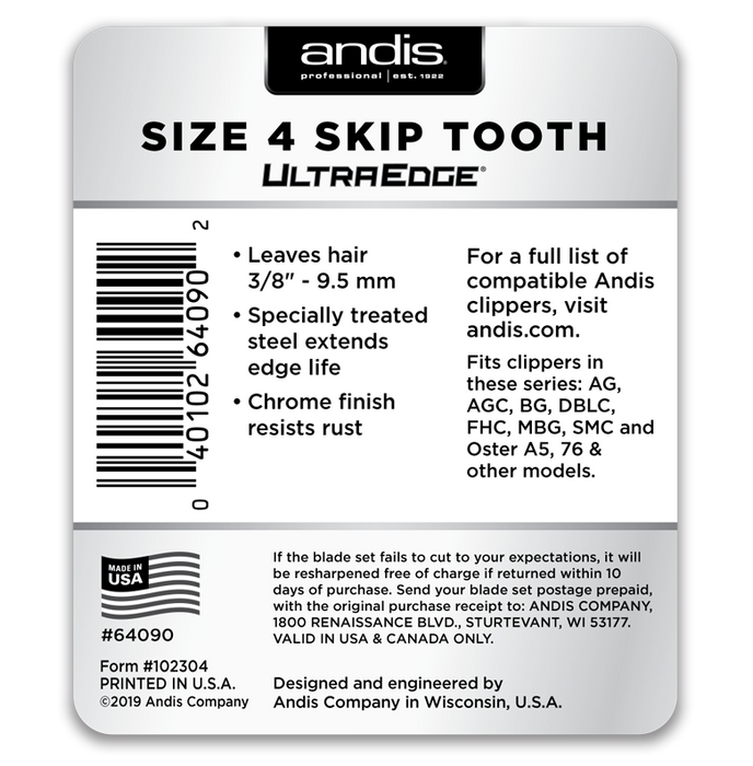 ANDIS UltraEdge Skip Tooth Blade #4 Model #AN-64090, UPC: 040102640902