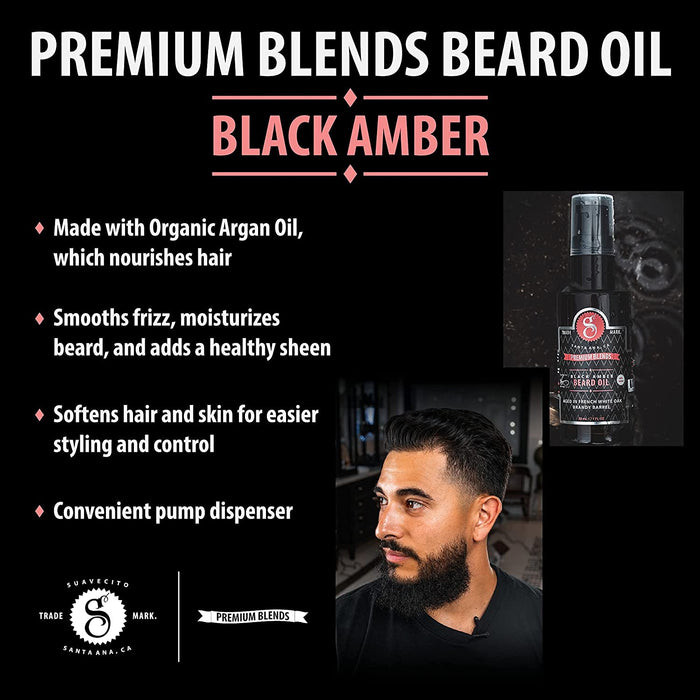 Suavecito Premium Blends Black Amber Beard Oil, 1 oz Model #42C-P202NN, UPC: 700645594314