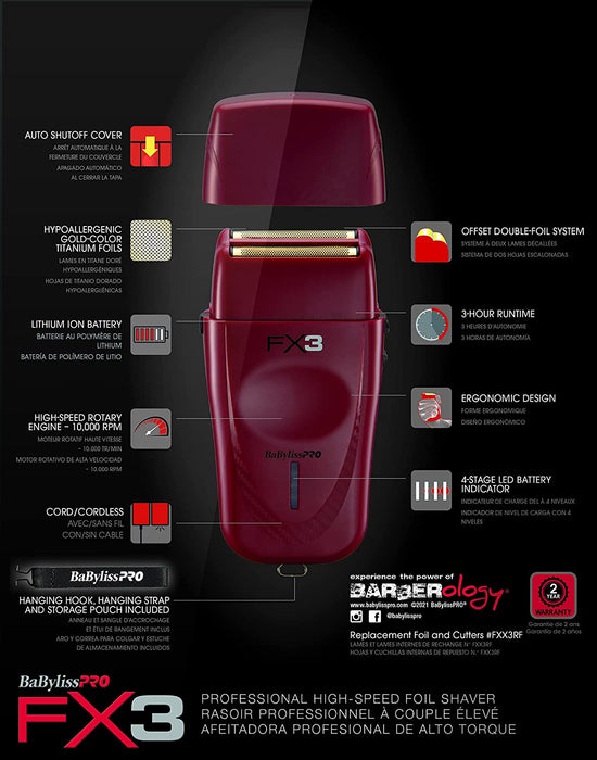 BABYLISS PRO FX3 Collection Cordless Double Foil Shaver 110 - 220 Volts Model #BB-FXX3S, UPC: 074108426390