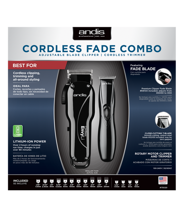 ANDIS Cordless Fade Combo Combo Envy Li Clipper & Slimline Li Trimmer 110-220 Volts Model #AN-75020, UPC: 040102750205
