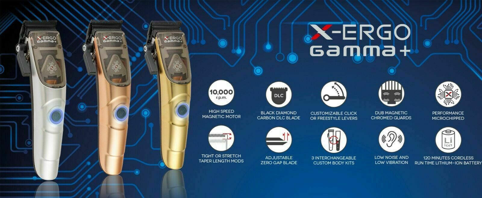 GAMMA+ X-ERGO Professional Cordless Modular Clipper (Matte Chrome, Gold & Rose Gold) DUAL Voltage Model #HCGPXERGOMS, UPC: 850014553975